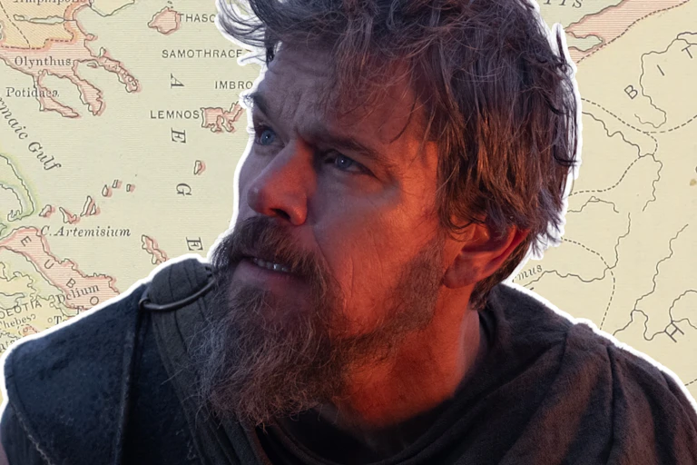 Matt Damon as Odysseus in The Odyssey and a map of ancient Greece.