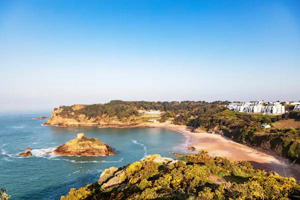 Aerial shot of Portelet Bay on the island of Jersey