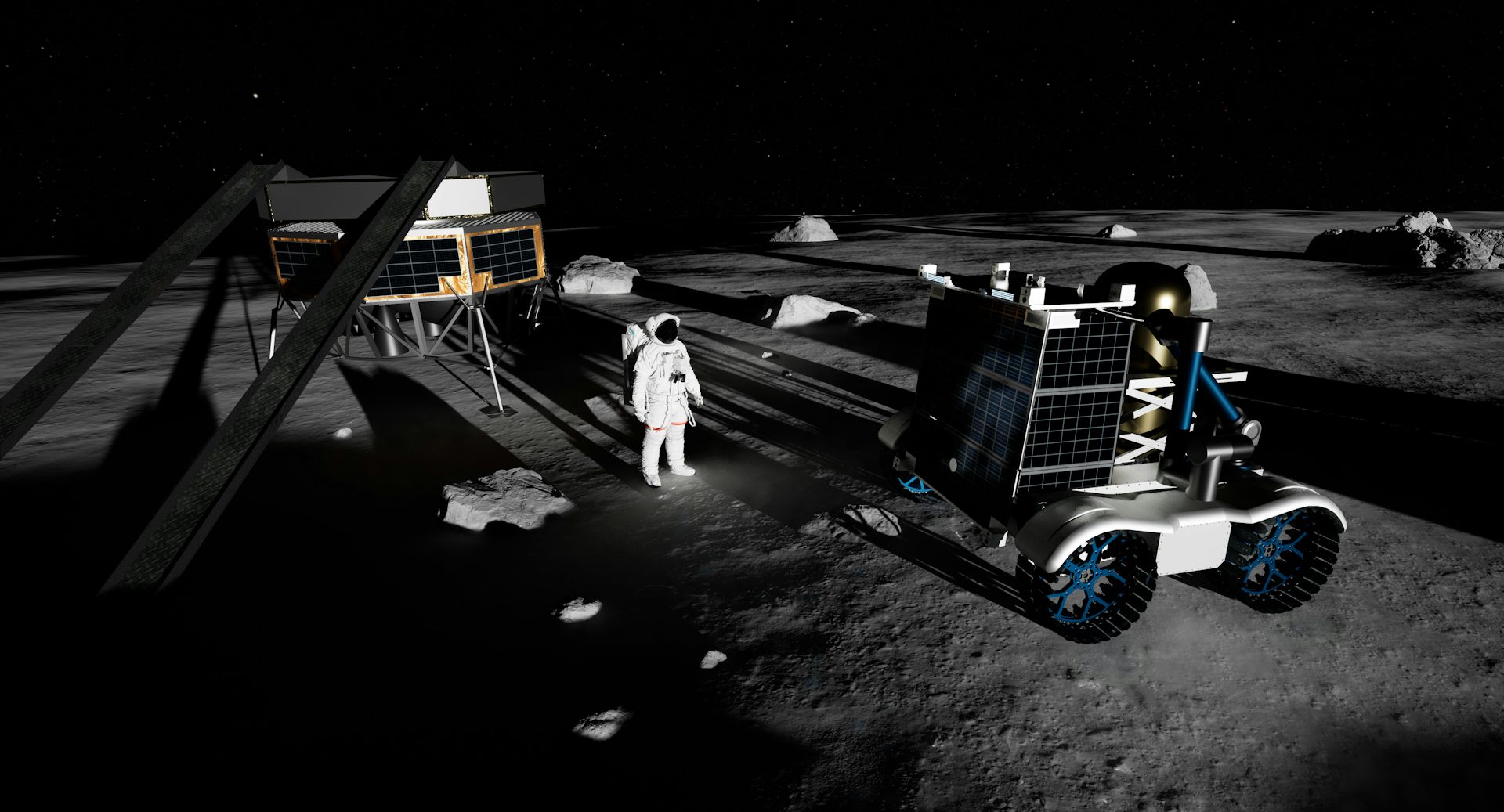 Illustration of astronaut in a spacesuit with equipment on the lunar surface.