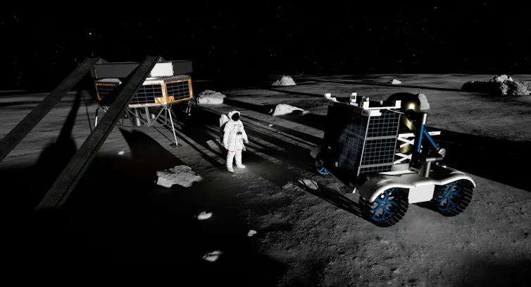 Illustration of astronaut in a spacesuit with equipment on the lunar surface.
