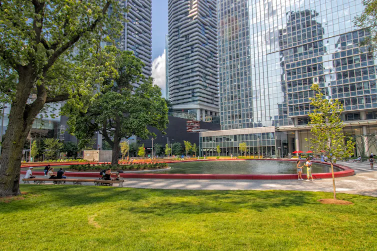 green shady trees, grass and pond with city skyscrapers in background