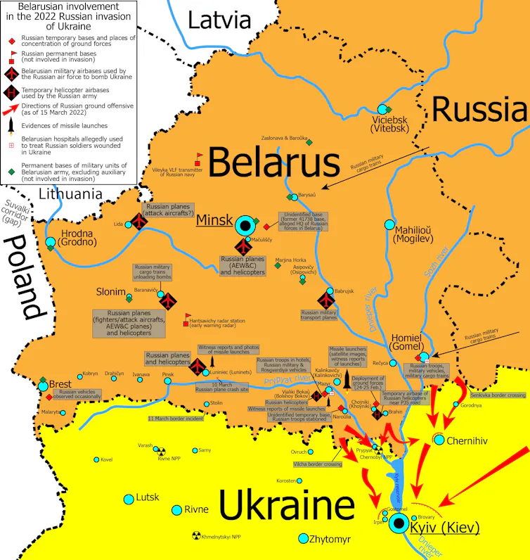 A map showing how Russian forces invaded Ukraine in 2022 from Belarusian territory.