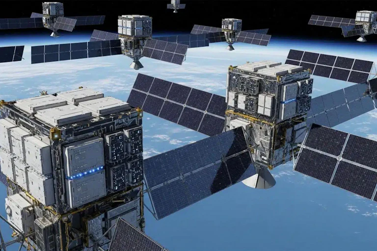 Satellites linked together with earth down below