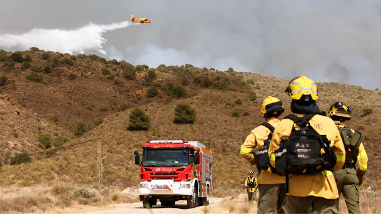 Tres bomberos de espaldas frente a un camión de bomberos observan un hidroavión echar agua sobre una zona detrás de una montaña de donde sale humo