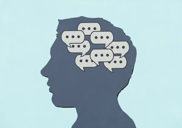 silhouette of a head holding several speech bubbles of '...'