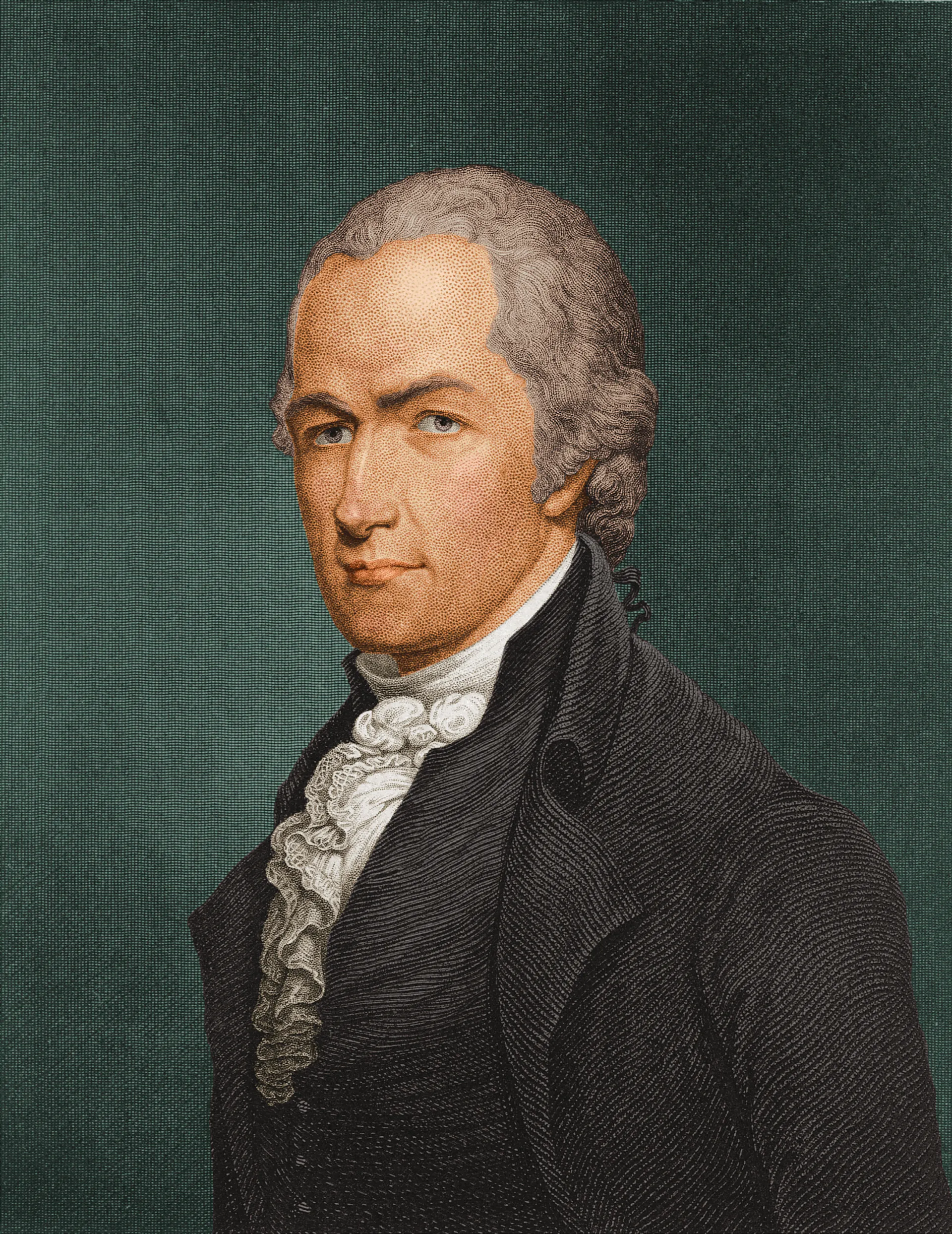 A gray-haired man dressed in a Colonial manner, with a ruffled white shirt and gray waistcoat and jacket.