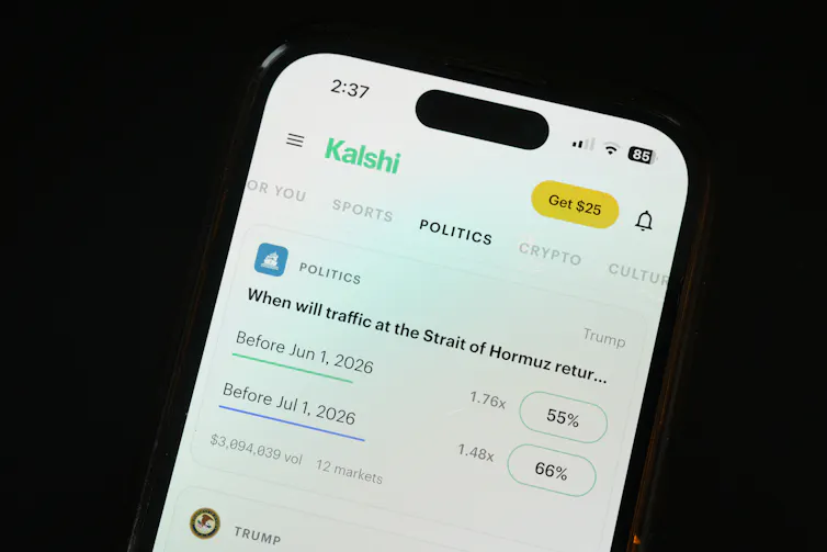 The Kalshi app open on a phone. On screen, a poll is up for the question: When will traffic at the Strait of Hormuz return to normal?
