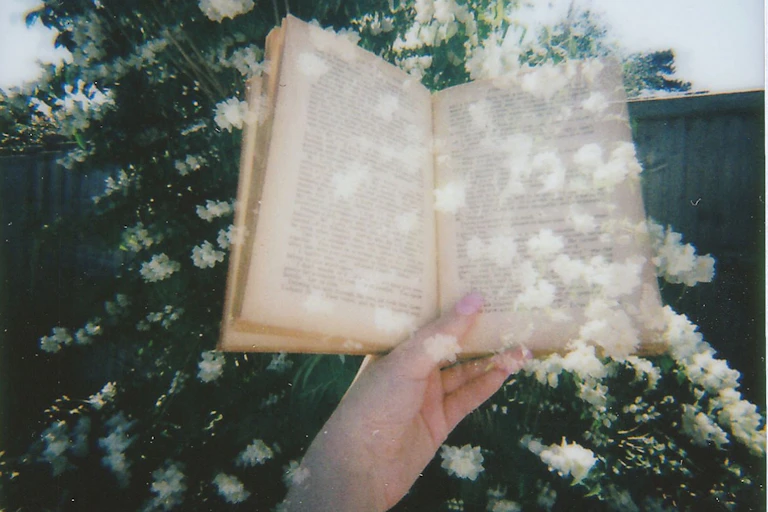 a hand holding a book, with blurred flowers