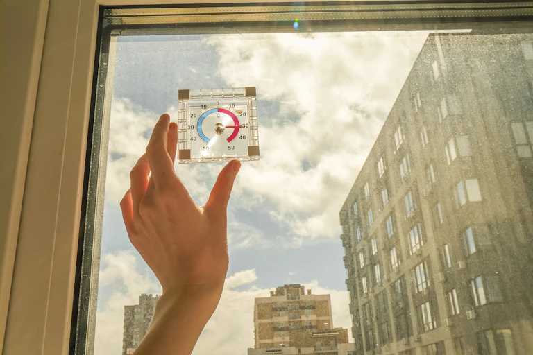 A hand holding a thermometer against a window.