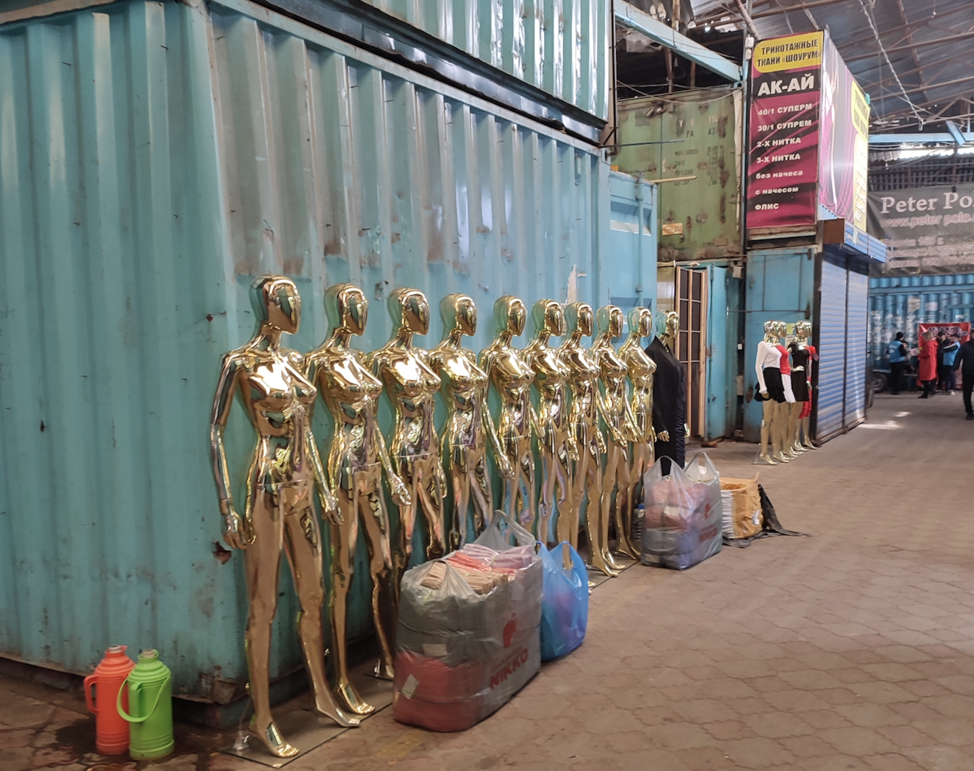 Mannequins lined up along a container in the eastern part of the 100-hectare Dordoi Bazaar.
