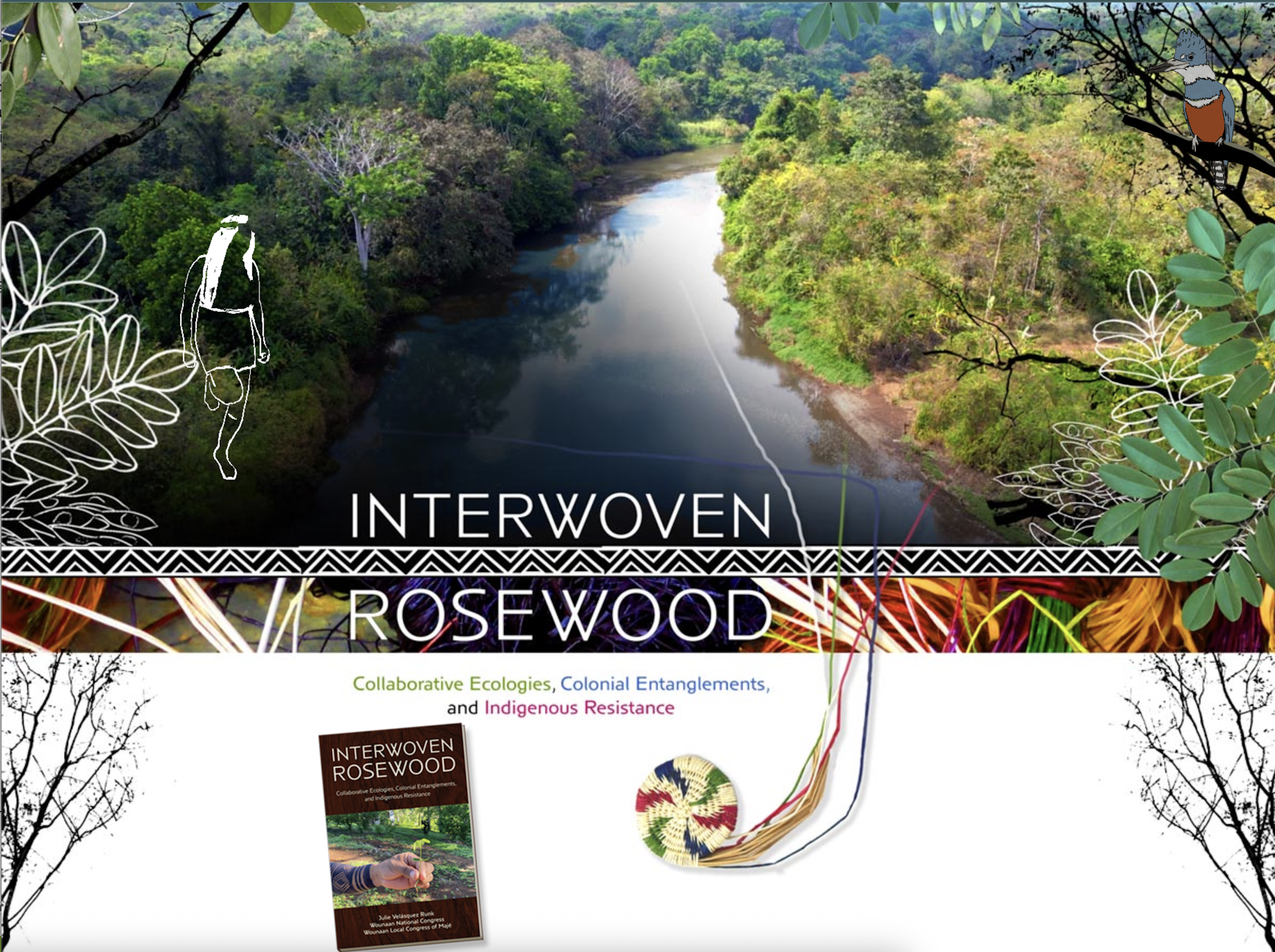 A screenshot of a website with a photograph of a waterway with trees and plants on both sides, as well as overlaid illustrations of a bird, a dancer and leaves.