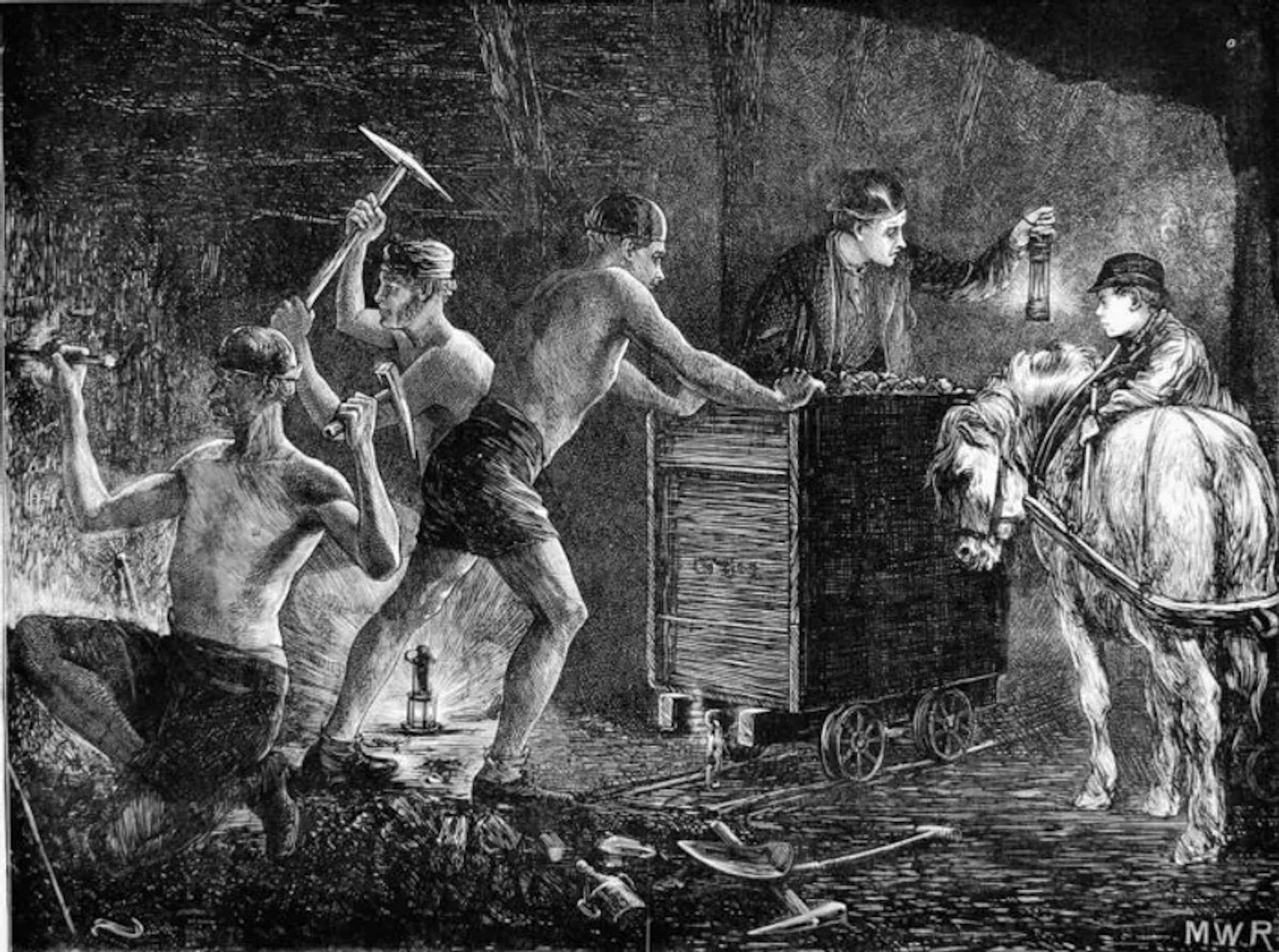 Black and white illustration of coal miners working