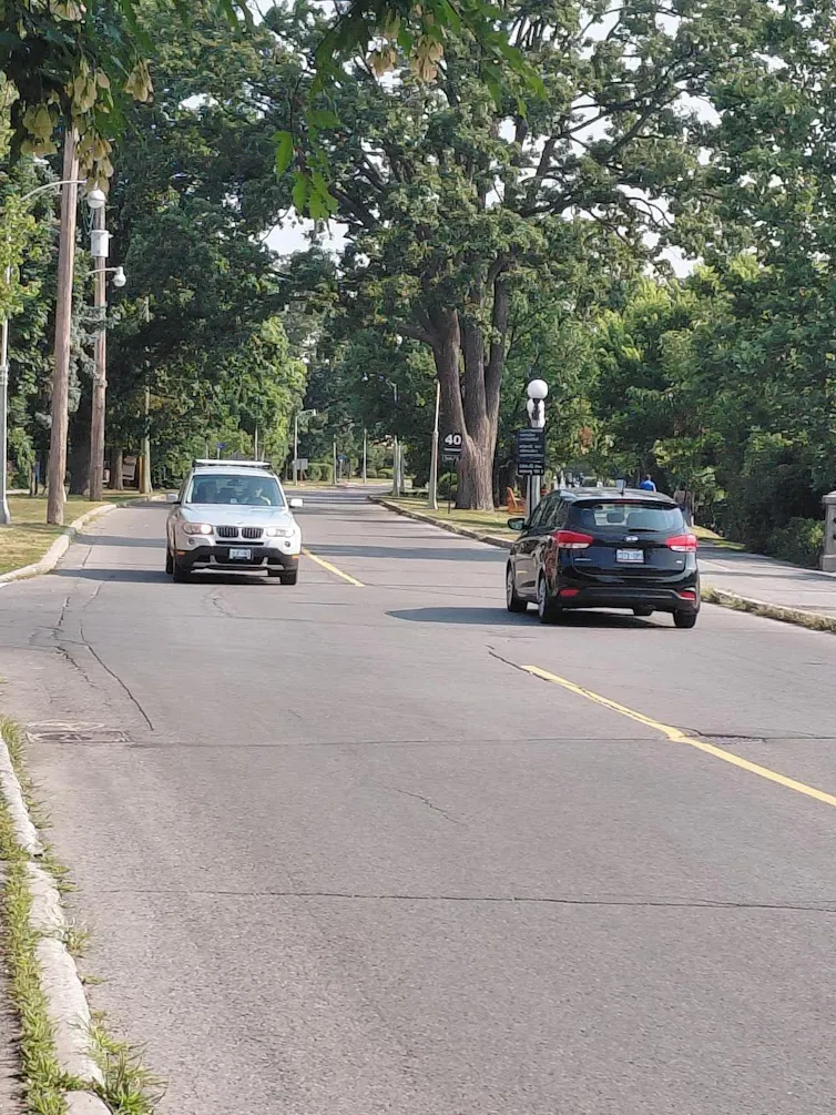 cars drive past each other on a two-way street lined with trees on their side.