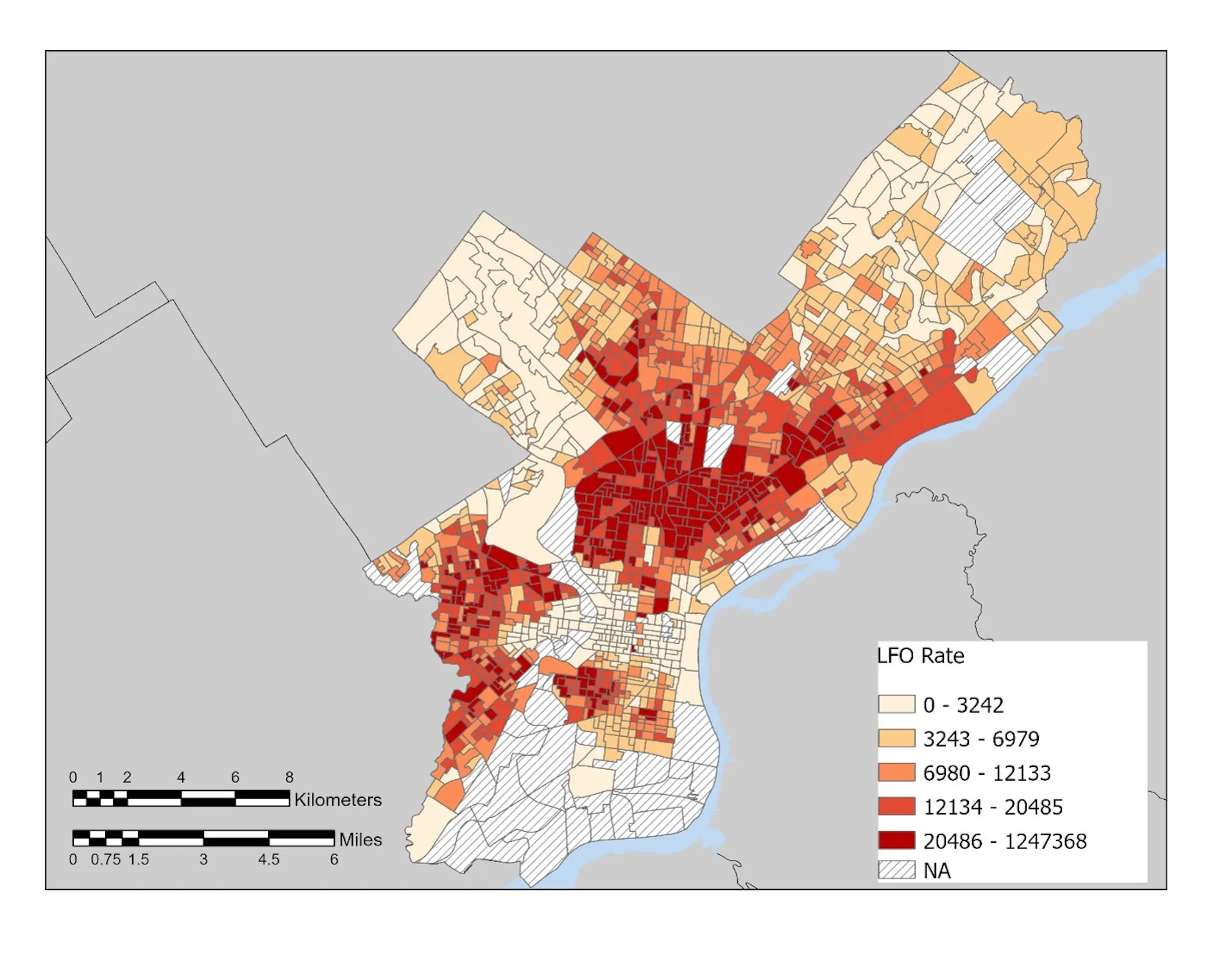 A block group-level choropleth map of the rate of legal financial obligations per 100,000 residents by quintile.