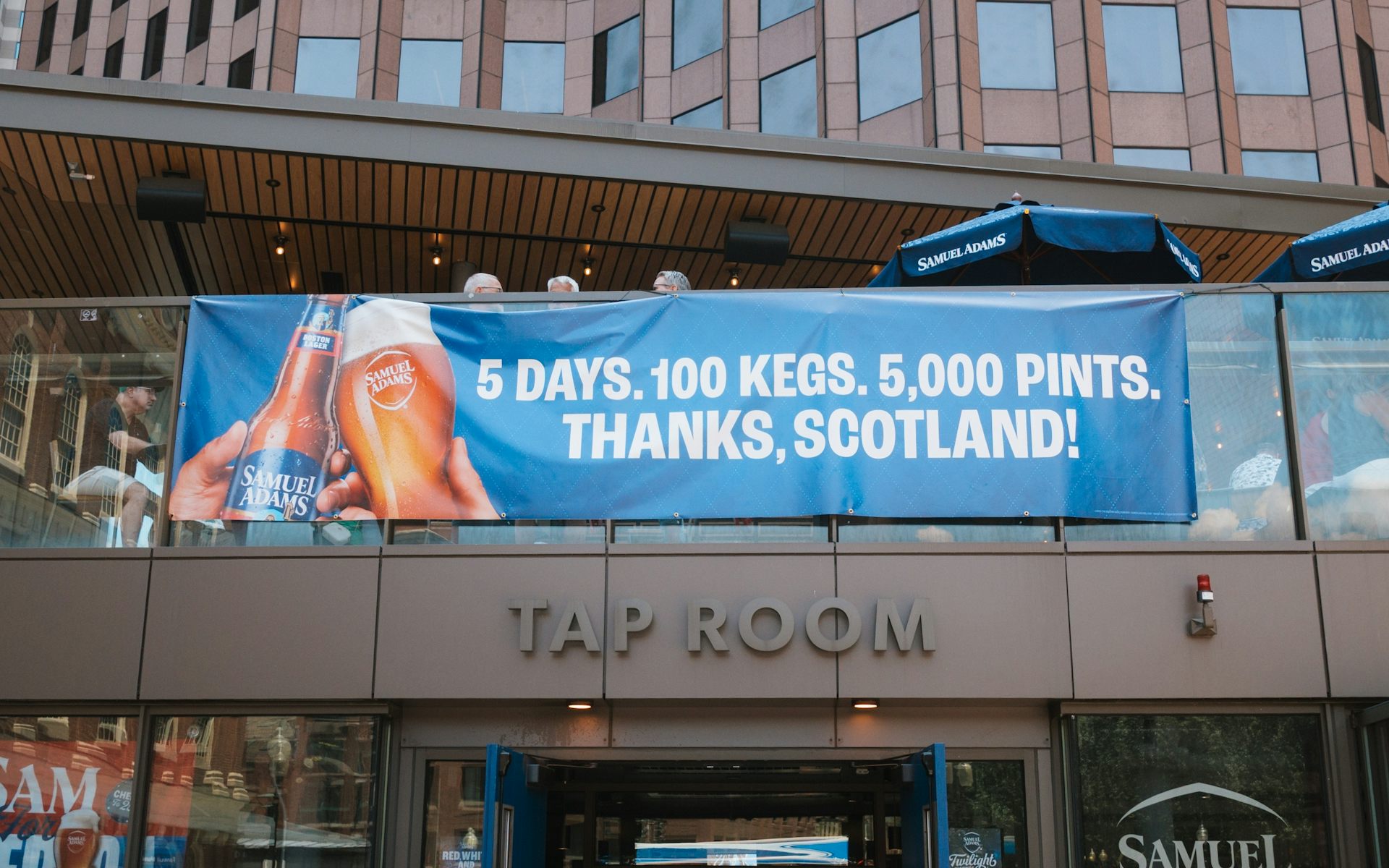 A banner reads: 'Five days, 100 kegs, 5,000 pints, thanks Scotland!'