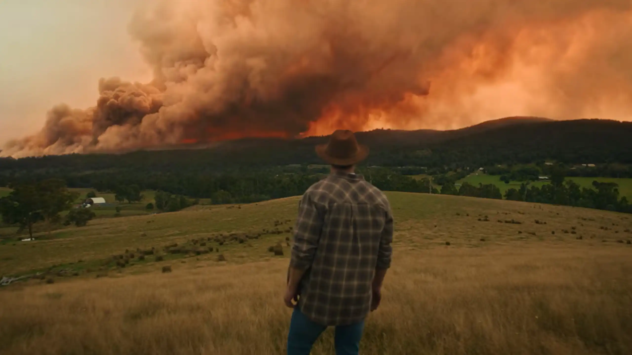 A man in an akubra hat looks at a bushfire coming across the horizon.