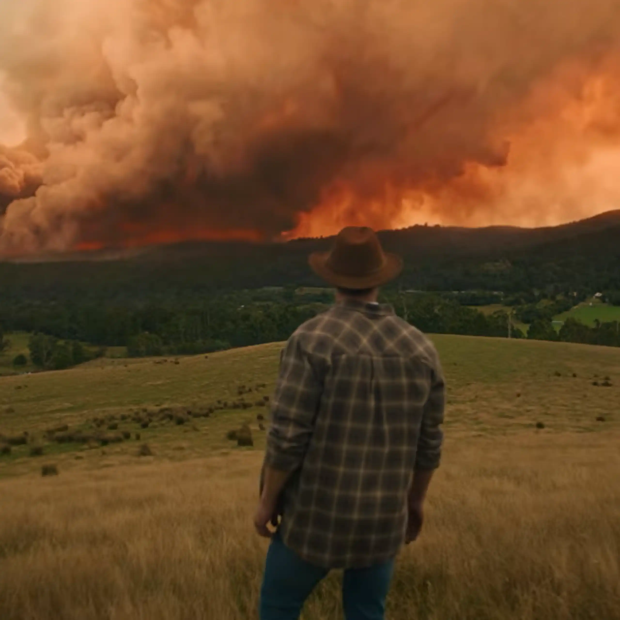 A man in an akubra hat looks at a bushfire coming across the horizon.