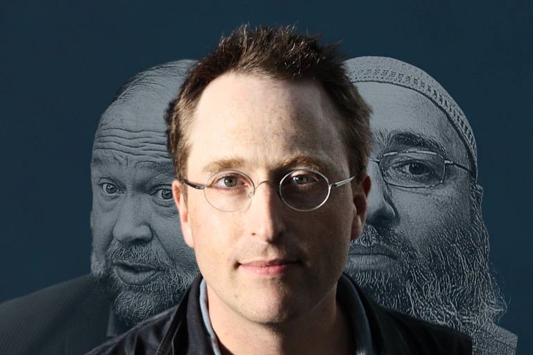 Jon Ronson, Alex Jones and Omar Bakri on a dark background