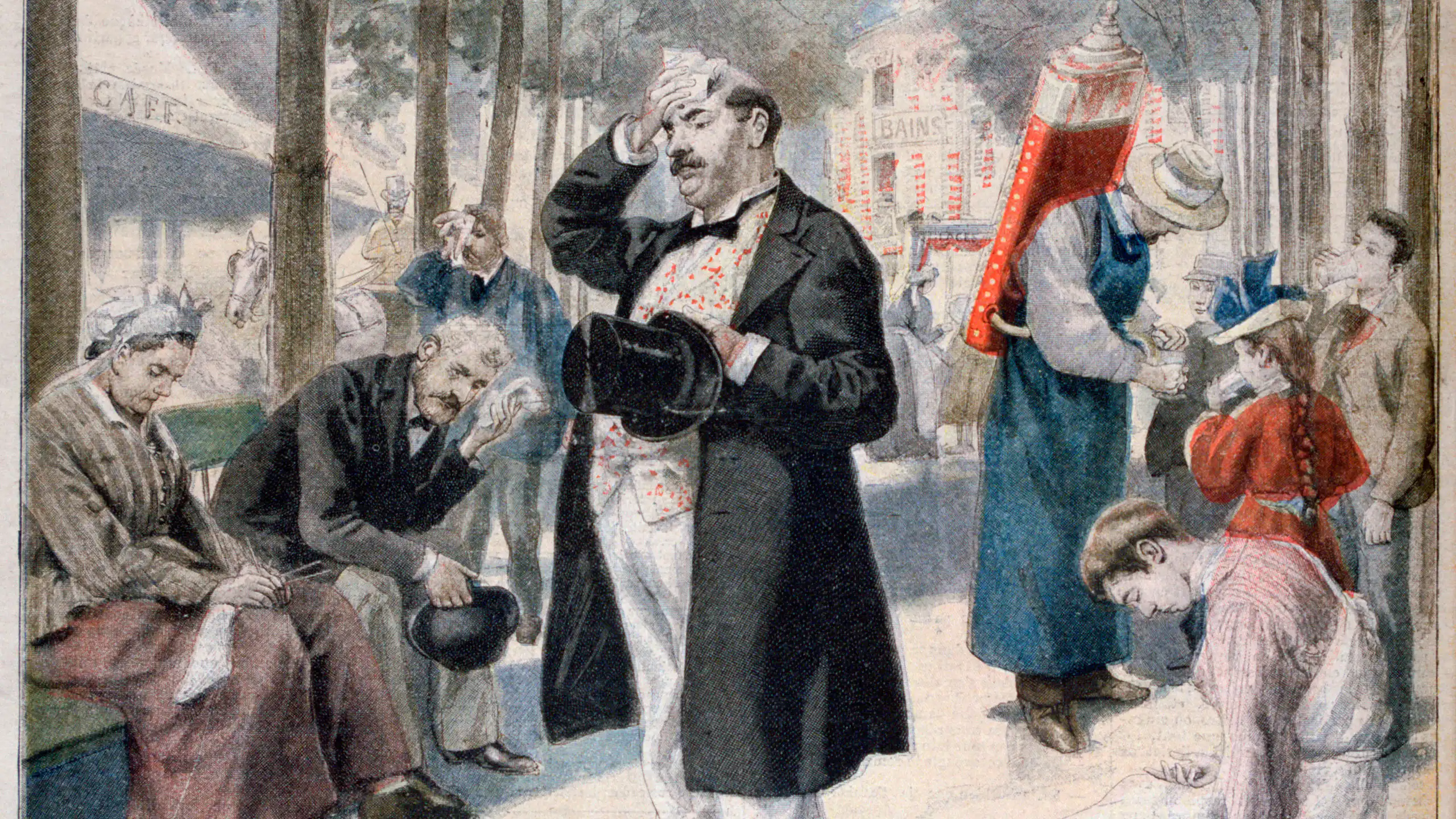 Aquarelle représentant des Parisiens s'essuyant le front sous l'effet de la chaleur.