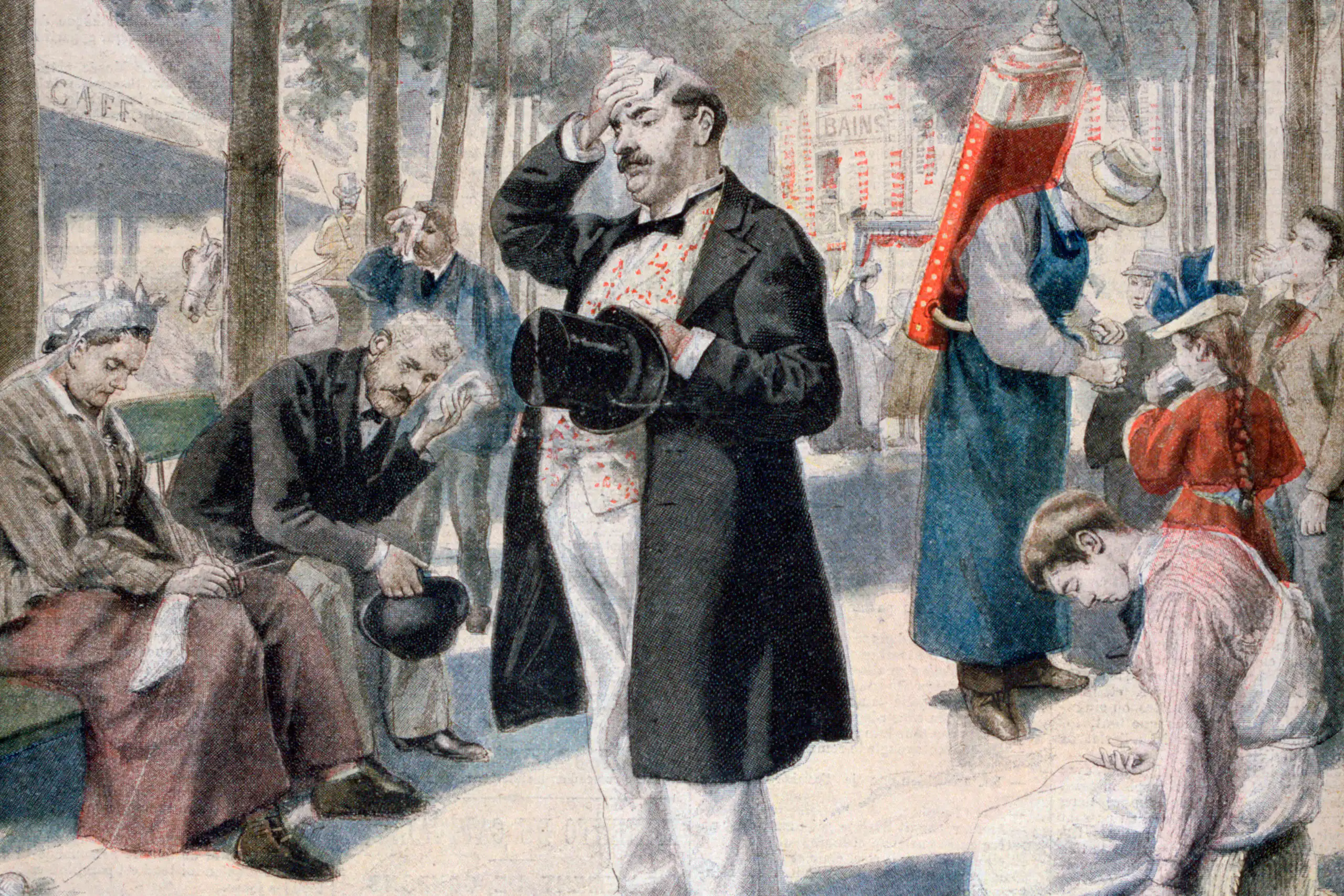 Aquarelle représentant des Parisiens s'essuyant le front sous l'effet de la chaleur.