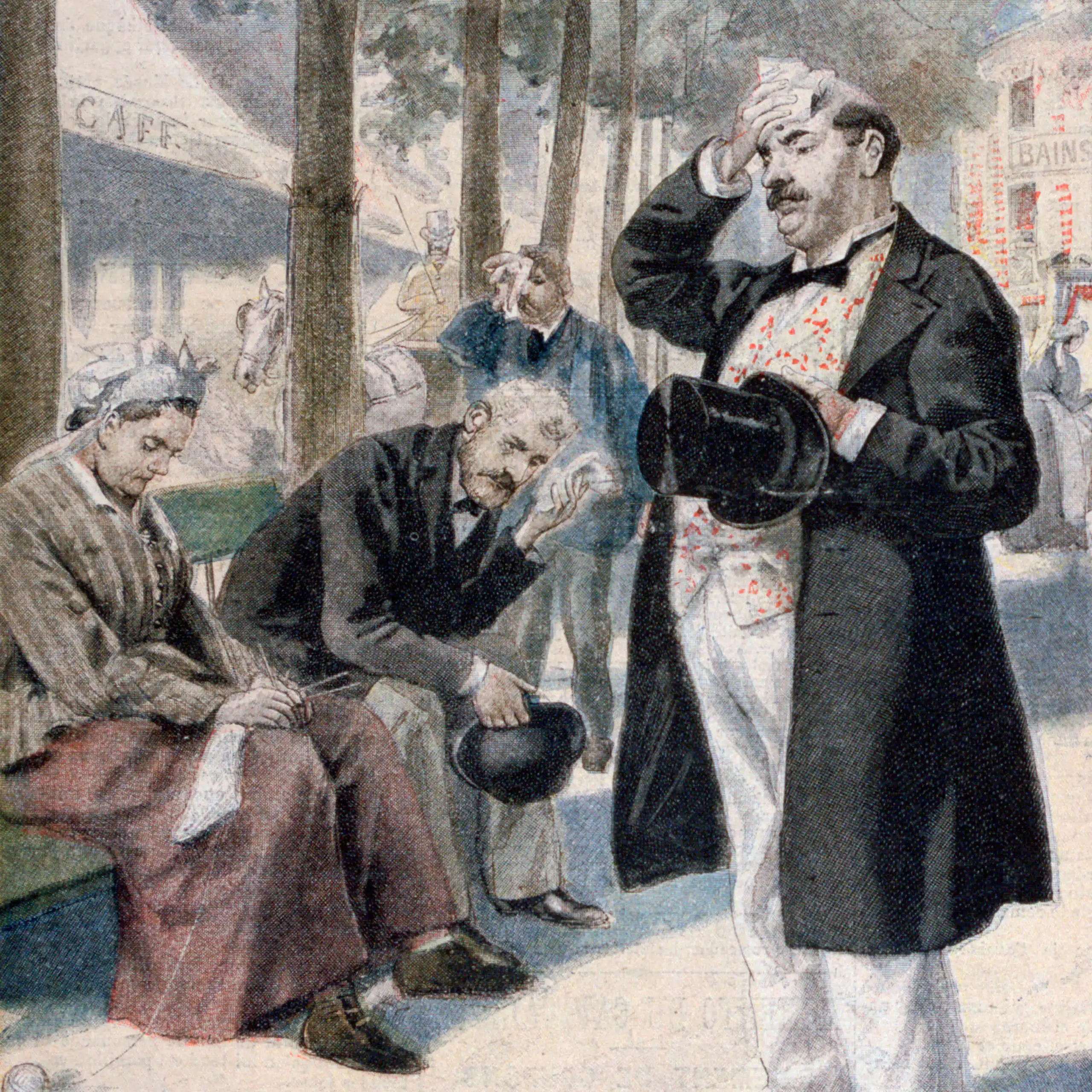 Aquarelle représentant des Parisiens s'essuyant le front sous l'effet de la chaleur.