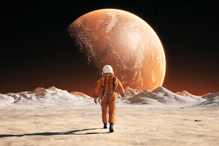 Illustration of astronaut in orange spacesuit walking across Martian landscape