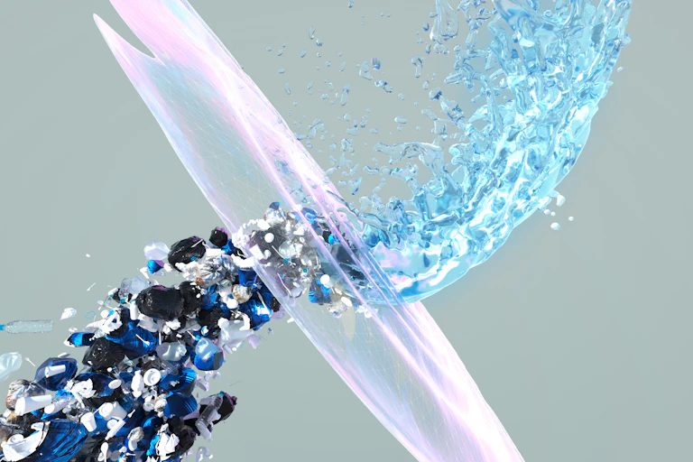 Illustration of stream of particles passing through a translucent field and coming through clear blue