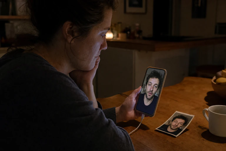 An AI generated image of a woman connecting with a griefbot on her mobile phone, looking at a picture below on a desk of the deceased person.