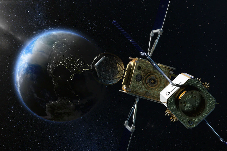 An illustration of one box-shaped satellite with two solar panels on the side approaching a larger satellite, with Earth in the background.
