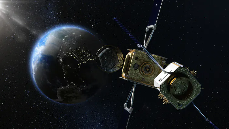 An illustration of one box-shaped satellite with two solar panels on the side approaching a larger satellite, with Earth in the background.