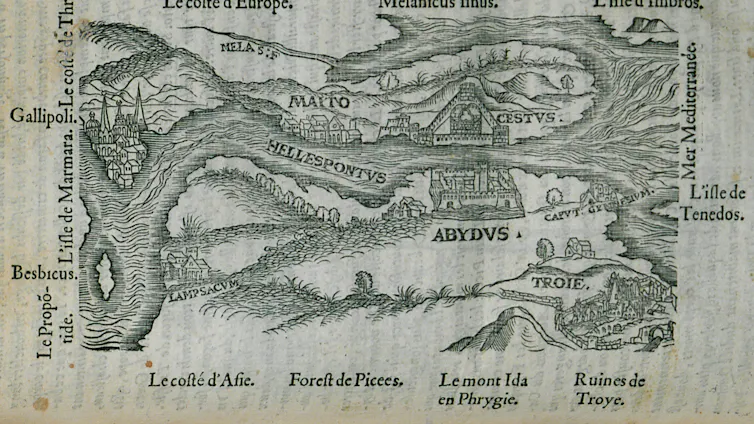 A hand-drawn map of the Dardanelles from 1554
