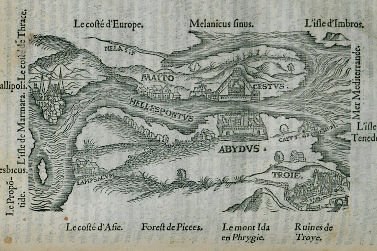 A hand-drawn map of the Dardanelles from 1554