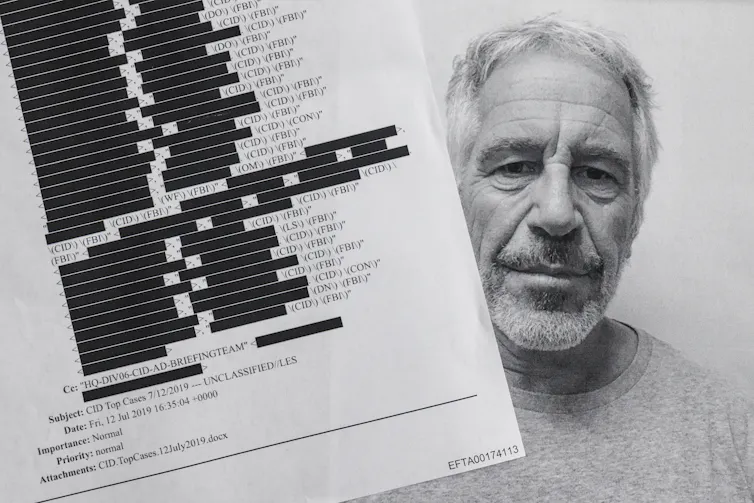 printed files with many redactions, and Jeffrey Epstein's face