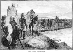 An old engraved illustration of crossing the Hellespont by Xerxes with his huge army