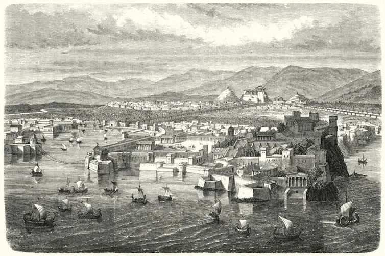 A 19th-century engraving depicting the ancient city of Athens at its peak.
