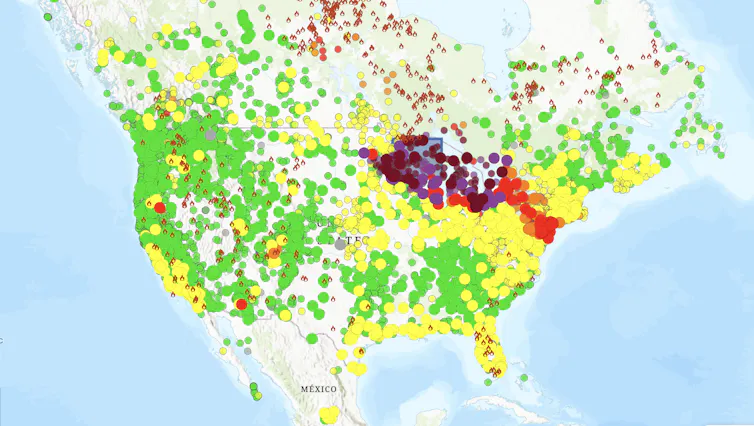Map shows heavy smoke and low air quality across the Great Lakes Region and into the Northeast