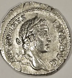 An ancient Roman silver denarius depicting Emperor Caracalla, around 198-217 CE.