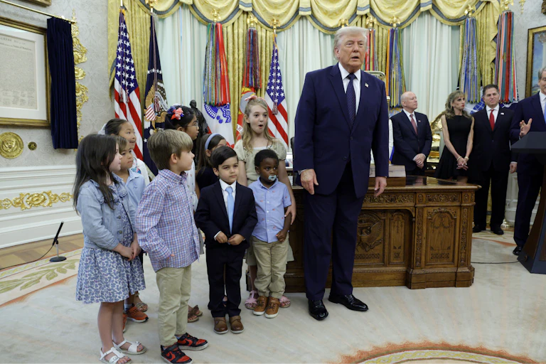US President Donald Trump speaks on the first day of trading for Trump accounts for children.