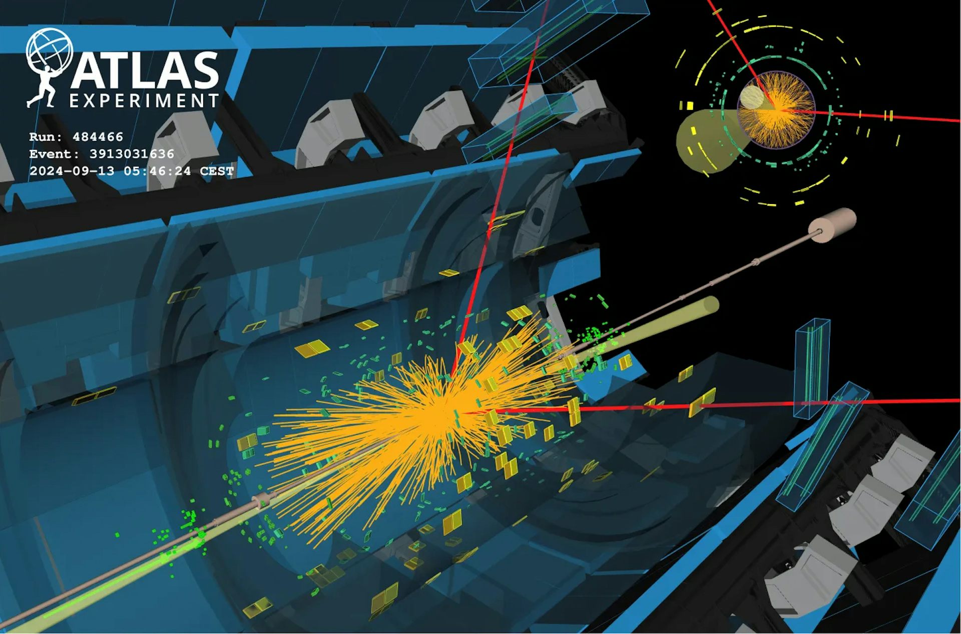 A visualisation of the Higgs boson particle decaying to two muons inside the Atlas experiment.