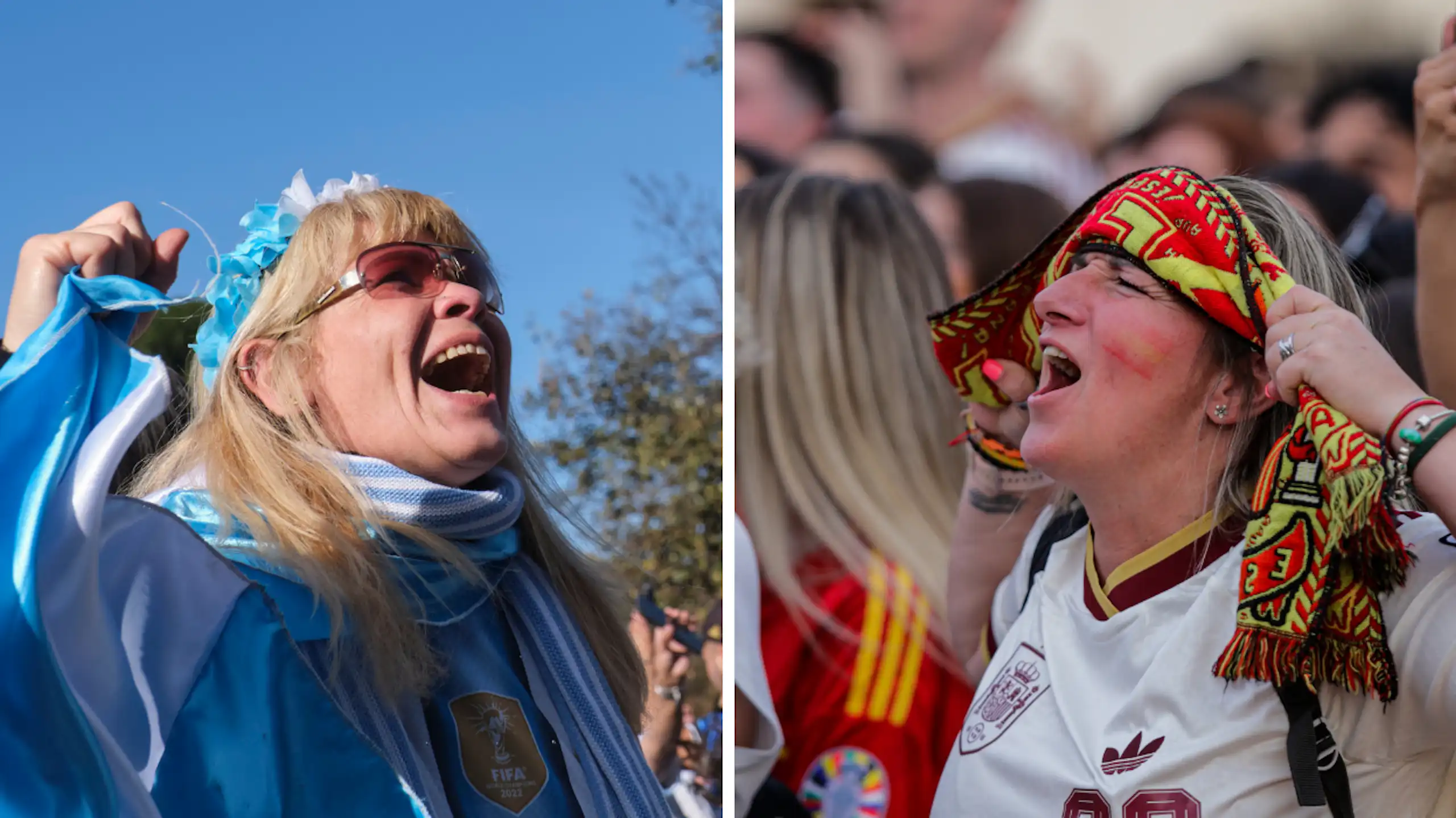 Una mujer vestida de azul claro grita en una de las fotos. En la de al lado, otra vestida de rojo y blanco, hace lo mismo.