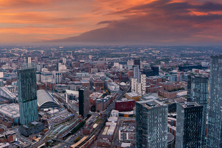 manchester skyline at dusk