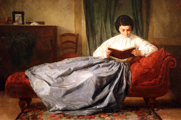 A painting of a young woman on a chaise on