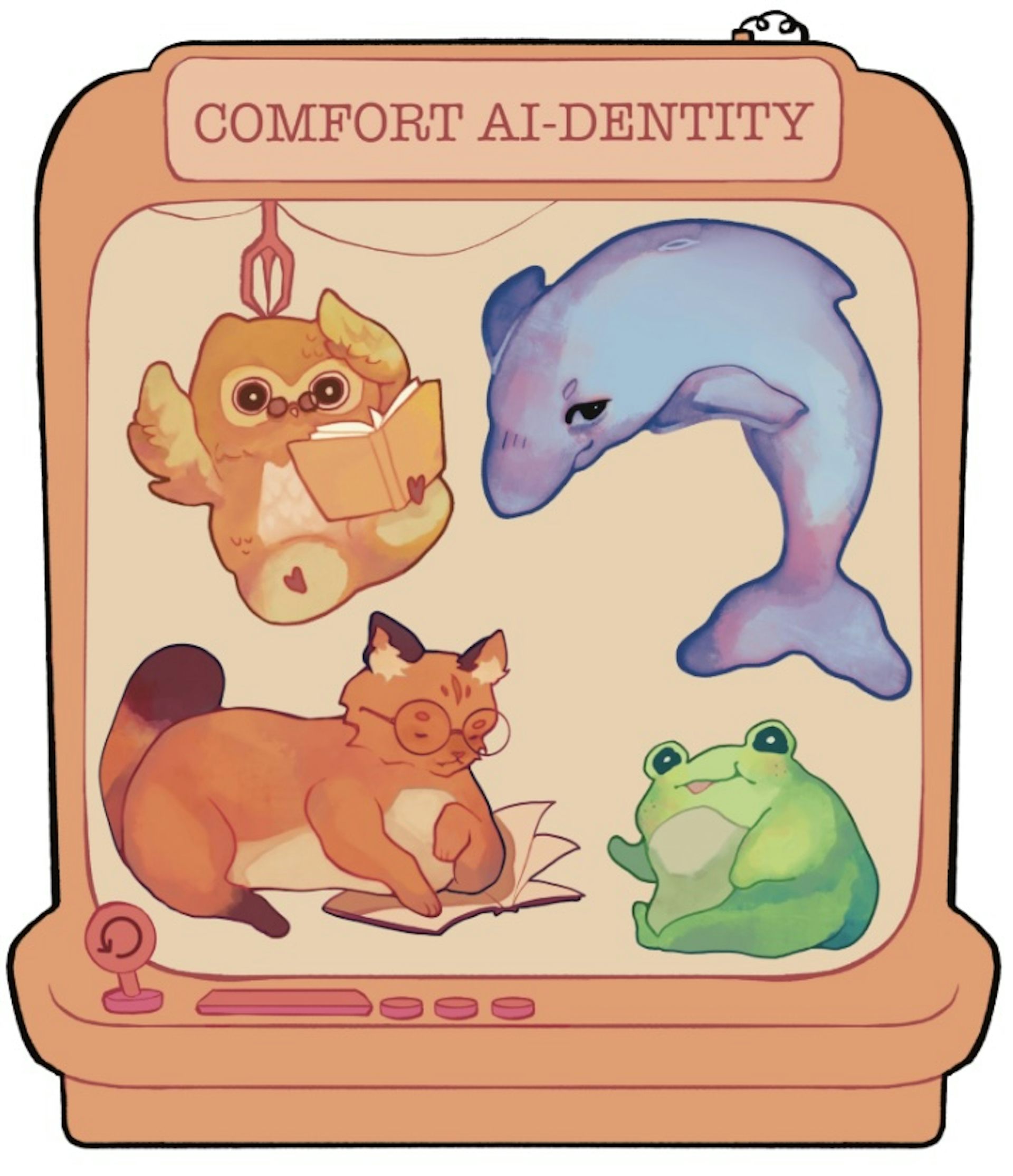 Four animals seen in a grid: a frog, dolphin, owl and fox.