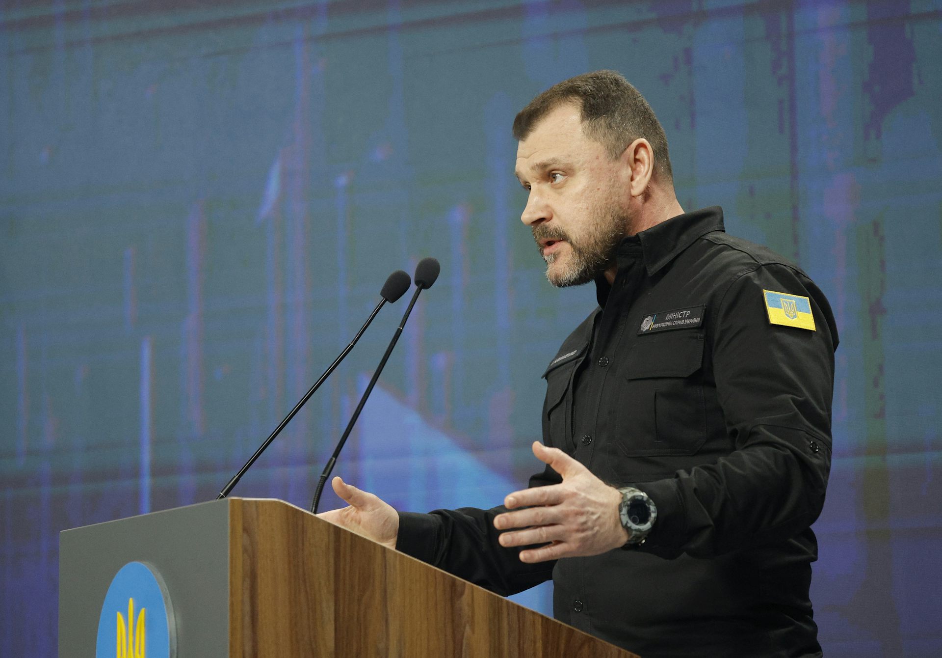 Ihor Klymenko speaks during a press conference.