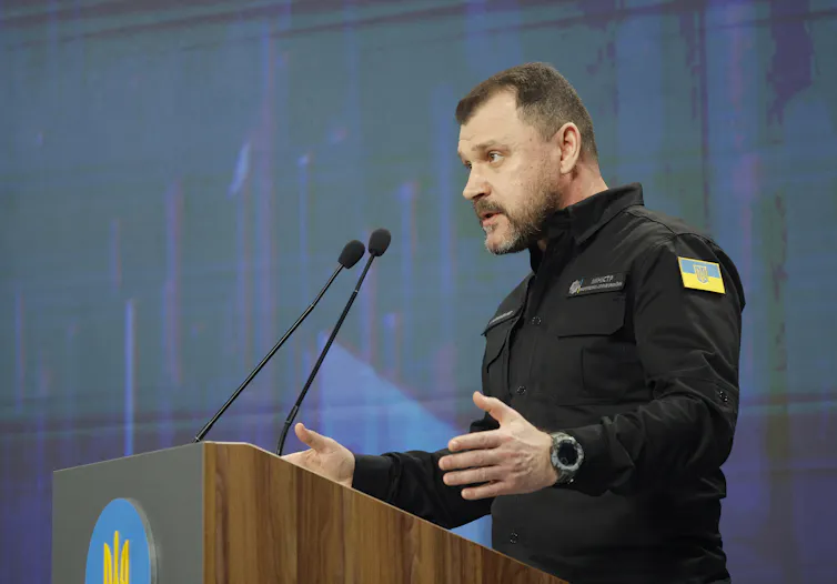 Ihor Klymenko speaks during a press conference.