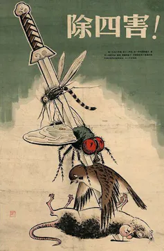Poster depicting a sword speared through a mosquito, fly, sparrow and rat, with Chinese characters reading 'Exterminate The Four Pests!'