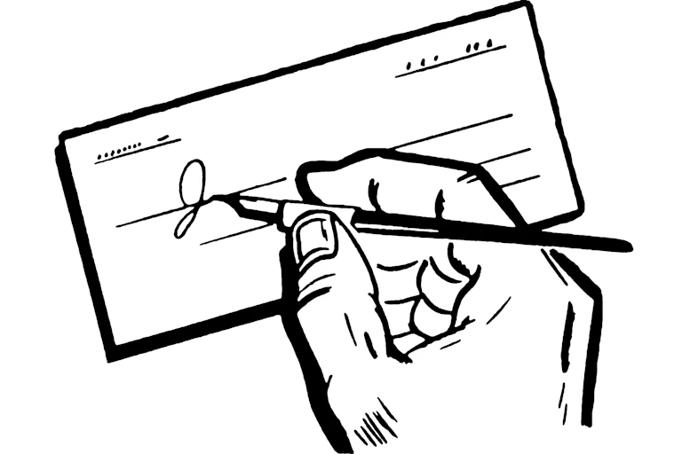 A drawing of a hand writing a check with a fountain pen.