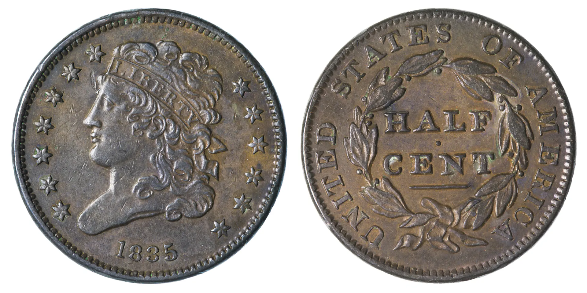 Front and back of a U.S. half-cent coin.