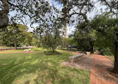 A traditional park with manicured lawns, paved walkways and large trees here and there.