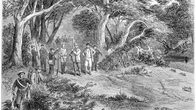 historic engraving of rabbit hunting party.